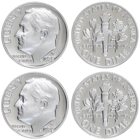 1979 S Roosevelt Dime Type 1 & 2 Clear S Gem DCam Proof 2 Coin Set CN-Clad Cover