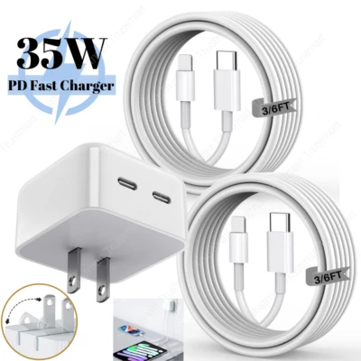 Cargador de Pared Rápido Doble PD 35W Adaptador USB C Cable Tipo C Para iPhone 14/13/12/11 Foto 1 de 4