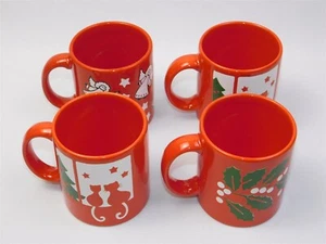 4 Vintage Red Waechtersbach Germany CHRISTMAS Cats Angels Holly Mugs - Picture 1 of 9
