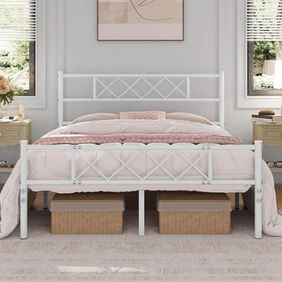 Marco de cama de plataforma metálica de tamaño completo con cabecero y estribo simples, colchón Foto 1 de 4