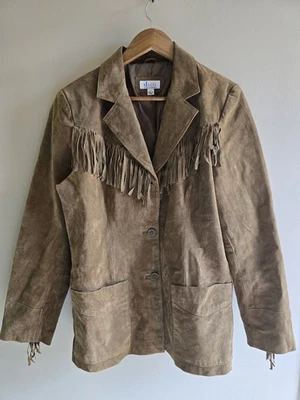 Mujer DE COLECCIÓN D.J. Chaqueta/abrigo de cuero Co. Denim marrón con flecos abotonados talla grande Foto 1 de 4