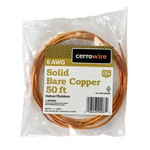 Copper Grounding Wire 50 Ft. 6-Gauge Solid SD Bare Overhead Transmission Use - Picture 1 of 12