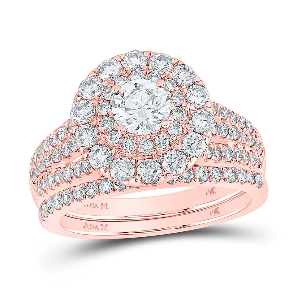 14kt Two-tone Gold Round Diamond Halo Bridal Wedding Ring Band Set 2 Cttw - Image 1 of 1