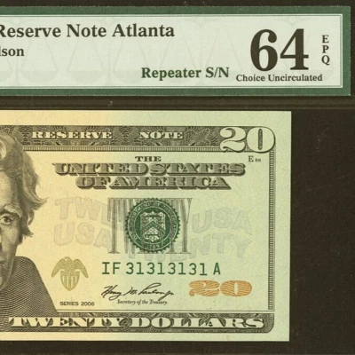 2006 $20 Federal Reserve Note PMG 64EPQ Birthday Repeater Serial Number 31313131 - Image 1 of 3