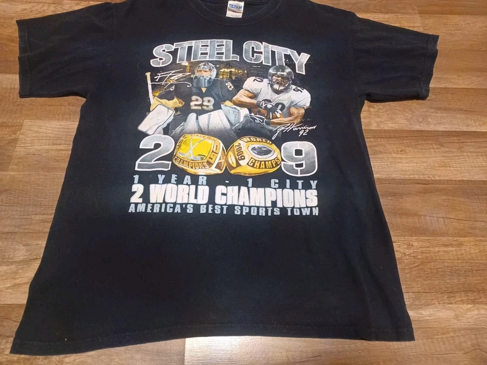 Camiseta de Colección Y2K 2009 Pittsburgh Steelers Penguins Campeones del Mundo Anillo Grande Foto 1 de 4