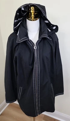 Dennis Basso Water Resistant Jacket with Striped Lining Black Size L With Hood - Image 1 of 4