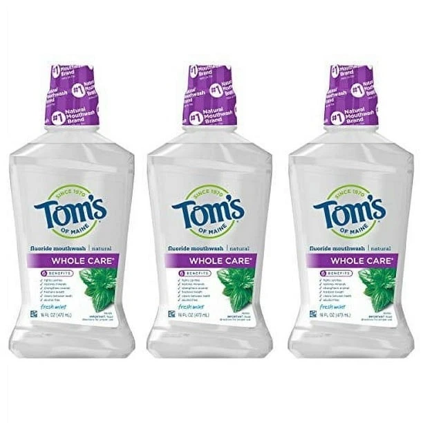 Tom's of Maine Whole Care Natural Fluoride Mouthwash Fresh MINT 16 Oz. 3-pack