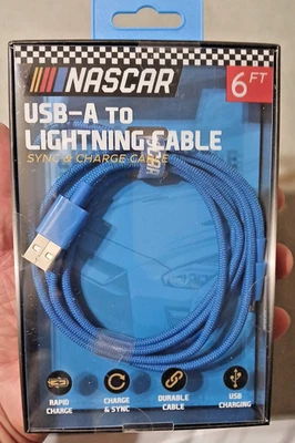 Nascar  USB-A Fast Sync Charge Cable Blue 6ft, New - Image 1 of 4