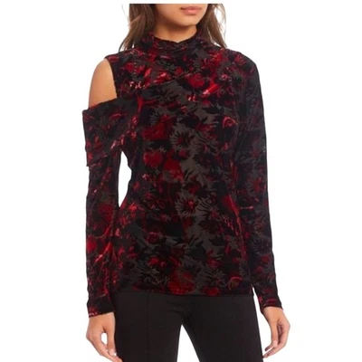 Donna Karan Burnout Terciopelo Hombro Frío Manga Larga Top Mujer Grande Rojo Floral Foto 1 de 4
