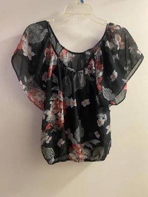 Full Tilt Womens Sheer Blouse XS Black W/ Red Gray Floral Oversized Bust 36” - Image 1 of 4