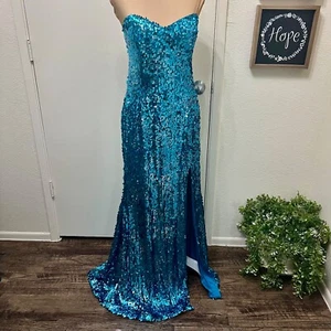 Sean Collection Sequined Lattice Back Mermaid Gown Dress Strapless Aqua Teal  10 - Picture 1 of 15