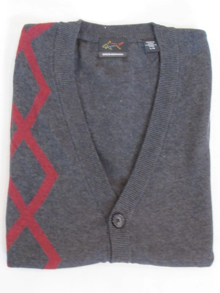 NOVO COLETE SUÉTER MASCULINO GREG NORMAN ARGYLE, TAMANHO GRANDE, CARVÃO/MALBEC - Imagem 1 de 1