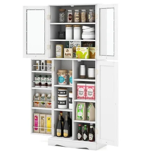 Tall Storage Cabinet Kitchen Pantry Cupboard w/ Tempered Glass Doors & Shelves - Picture 1 of 8