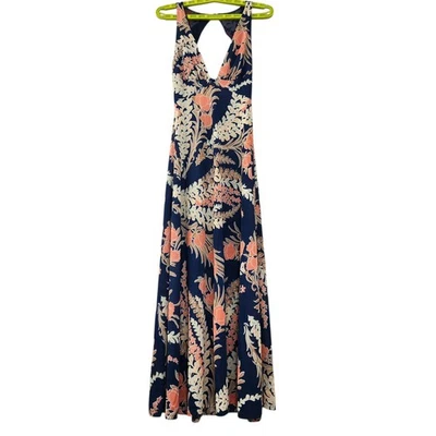 VESTIDO Boho Vintage Años 70 Talla Pequeña Psicodélico Floral Mod Maxi Sin Mangas Azul MCM Foto 1 de 4
