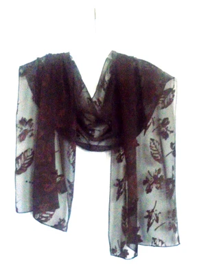 Cachecol CEJON marrom escuro corte queimado folhas design padrão 13,5x64 poliéster transparente! - Imagem 1 de 4