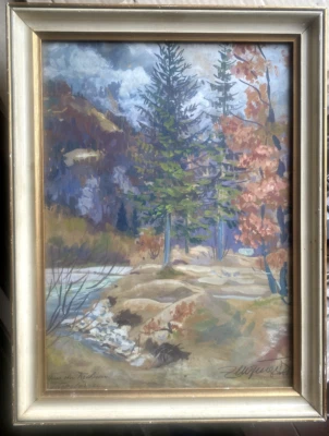 Gouache Ubicación Indescifrable - Firmado Otoño Bosque Lago Árboles Marco Foto 1 de 4