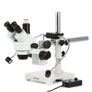Amscope 7X-45X Trinocular Stereo Zoom Microscope on Boom +8W LED Dual Gooseneck - Picture 1 of 10
