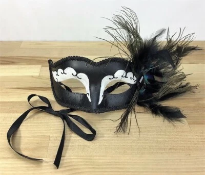 Mardi Gras Black Eye Mask w/ Peacock Feathers ~ Black Satin Ribbon ~ Adult ~ EUC - Image 1 of 4