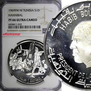 Tunisia Silver 1969 FM NI 1 Dinar Hannibal NGC PF66 ULTRA CAMEO KM#292 (32) - Picture 1 of 4