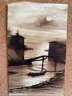 19th Century MINIATURE WATER COLOUR  RIVER TO SEA BOAT BUILDINGS MOON LIGHT