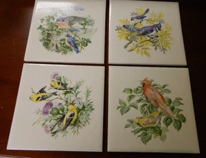 Vintage Lot 4 Bird Wall Tiles Trivet Cardinal Blue Jay Goldfinch Bluebird Nice! - Picture 1 of 8