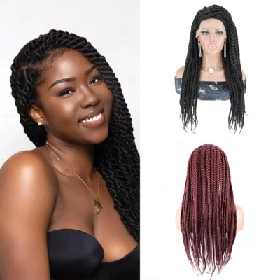 Afro Black /Wine Red Twist Braids Lace Front Wig Long Glueless Braided Synthetic - Image 1 of 4