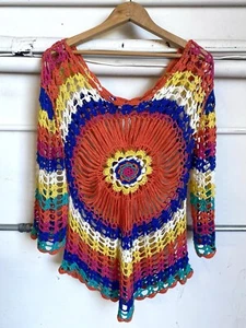 Crochet Knit Colorful Bell Sleeve Top Blouse Womens Pullover Small - Picture 1 of 5