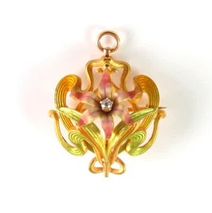14k Gold Jugendstil Krementz Emaille Diamant Blume Brosche Uhr Anstecknadel Anhänger - Bild 1 von 11