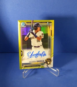 Bowman 2021 cromado Eduardo Garcia refractor amarillo automático/75 primer arquero - Imagen 1 de 3