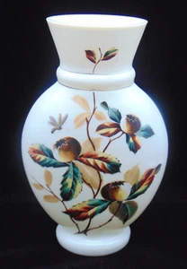 Antique Victorian Bohemian Harrach Hand Painted Hickory Nut & Bee Art Glass Vase - Picture 1 of 11