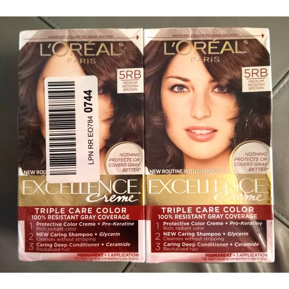 NUEVO EN CAJA Loreal Excellence Crema Color de Cabello 5RB Paquete de 2 Gris Cobertura Rojo Marrón Hágalo Usted Mismo  Foto 1 de 4