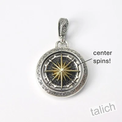 925 Sterling Silver Double Side Compass Spinner Pendant with Brass Star & Anchor - Image 1 of 4