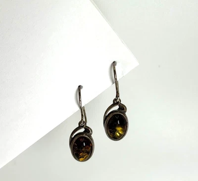 Pendientes colgantes de cabujón ovalado ámbar de plata de ley 925, diseño de remolino Foto 1 de 4