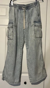 Aerie American Eagle Village Cargo Pants Womens Medium Denim HighRise Drawstring - Picture 1 of 13