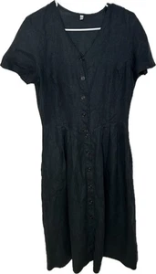 Vintage Schwarz Leinen Knopfleiste Midikleid V-Ausschnitt Kurzarm Cottagecore M - Bild 1 von 6