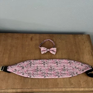 Vintage Mel Howard Cummerbund & Bow Tie Set Pink/Gray Prom Groomsmen Formal USA - Picture 1 of 5