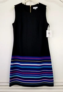 Calvin Klein Black Blue Stripe Sleeveless Stretch Knit Sheath Dress 10 NWT - Picture 1 of 6