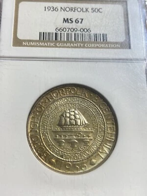 1936 NORFOLK SILVER COMMEMORATIVE HALF DOLLAR NGC MS67 - Image 1 of 4