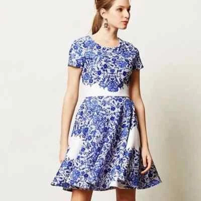 Anthropologie Marc Bouwer Fit & Flare Dress 8 Womans Blue Floral Short Sleeve - Image 1 of 4
