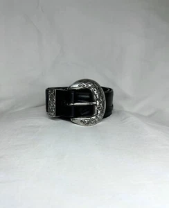 Brighton Black Leather Belt Size 38 Nickel Metal Viking Buckle L49906 B3 - Picture 1 of 4