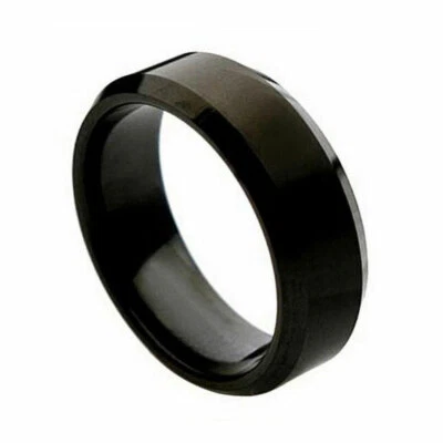 8mm Titanium Band Black Enamel Plated Ring Brushed Center Beveled Edge - Image 1 of 3