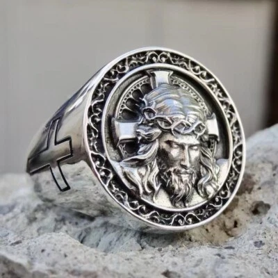 Cool Christian Jesus Cross Ring Stainless Steel Men's Women's Biker Amulet Ring - Image 1 of 2