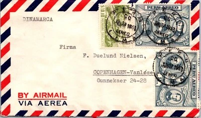 PERU 1953 POSTAL HISTORY AIRMAIL COVER TO DENMARK  - Image 1 of 2