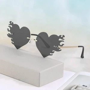 Black Melting Flame Heart Sunglasses Rimless Glasses Womens, Summer Lover - Picture 1 of 5
