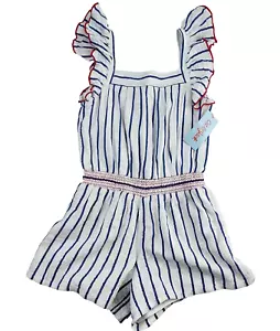 4th of July USA Romper Girls 7/8 Red White Blue Striped Seersucker Cat Jack NEW! - Picture 1 of 7