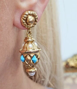 Italian Vintage 14K Gold Exotic Etruscan Inspired Turquoise & Pearl Earrings - Picture 1 of 21
