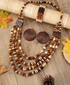 Necklace Bracelet Earrings Set Long Necklace Wood Beads Jewelry Sets For Women - Picture 1 of 6