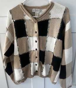 Vintage Dress Barn Cardigan Sweater Black, White & Tan Plaid W Buttons- Large - Picture 1 of 6