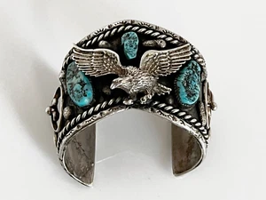 Vintage Signed Navajo Sterling Silver Turquoise Cuff Bracelet w/ Eagle 120 Grams - Picture 1 of 9