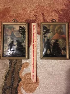 Vintage Pair (2) Reverse Painted Silhouette Pictures Convex Glass Framed - Picture 1 of 5